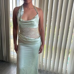 Halter Lace-Panel Satin Maxi Dress in Light Mint